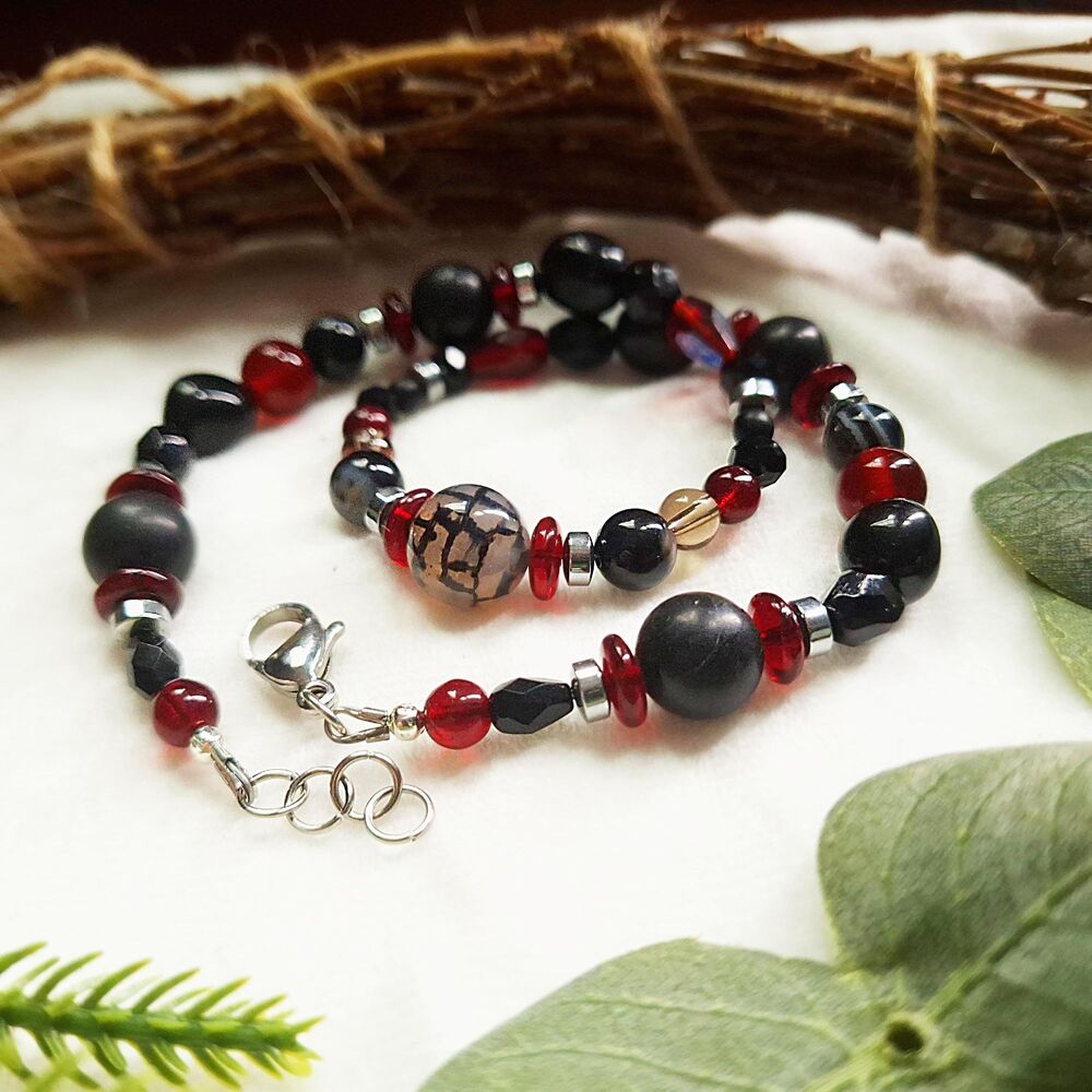 Whimsigoth Spiderweb Agate Choker Necklace, Black Onyx, Jasper, & Ruby Red Glass - Picture 11 of 12